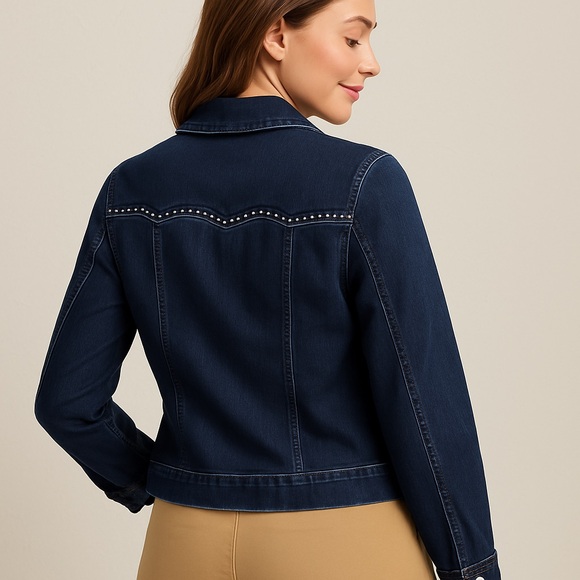 Style & Comp Premium Jacket Size L Dark Blue Women’s Studded Denim Jacket - Picture 2 of 4